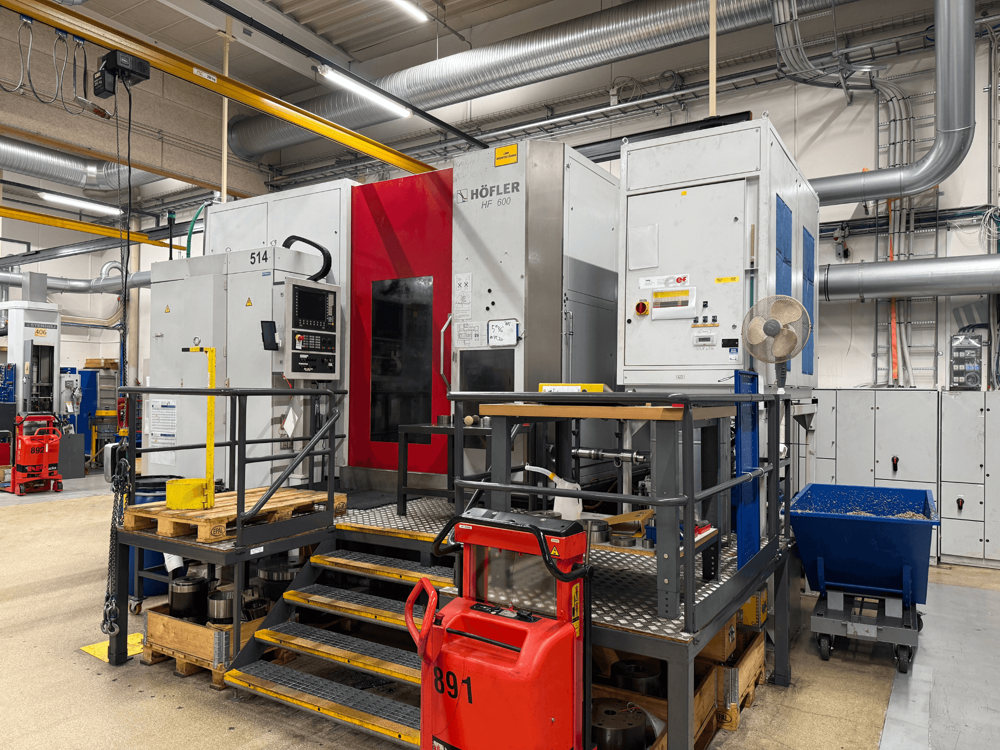 HOFLER HF 600 darbgalds, skats no sāniem, kurā redzams vadības panelis, dzeltenā drošības barjera un apkārtējā darbnīcas vide.