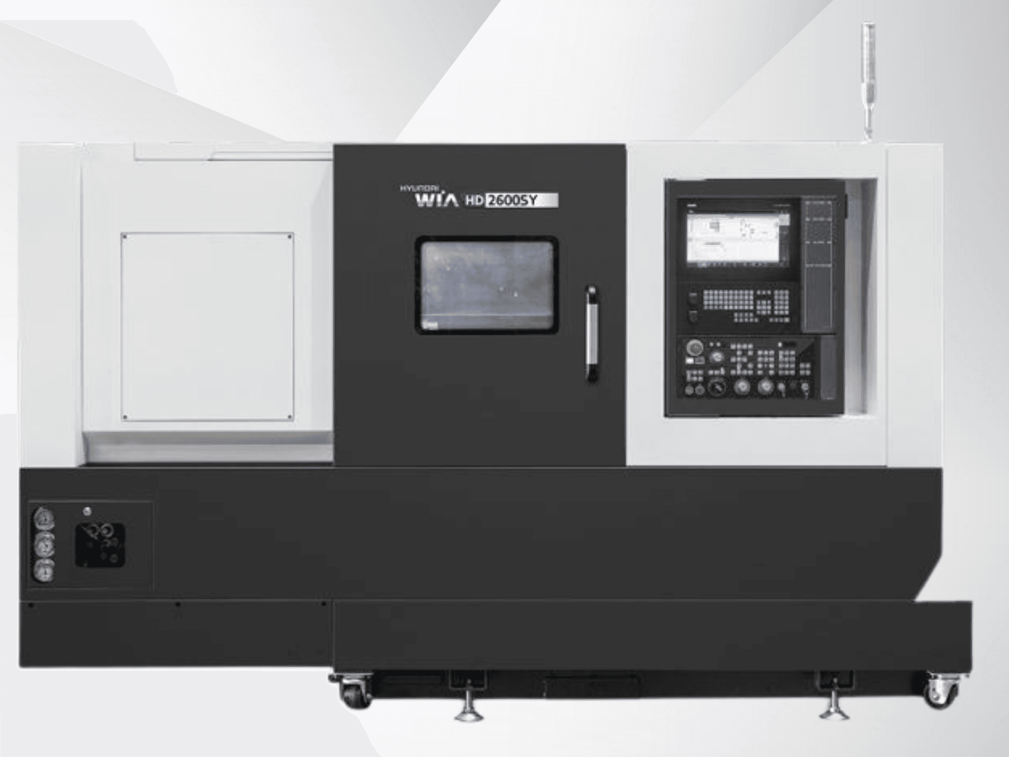 Hyundai WIA HD 2600SY CNC virpa, skats no priekšpuses; ietver digitālo vadības paneli un instrumentu glabāšanas laukumu, demonstrējot tehniskās funkcijas.