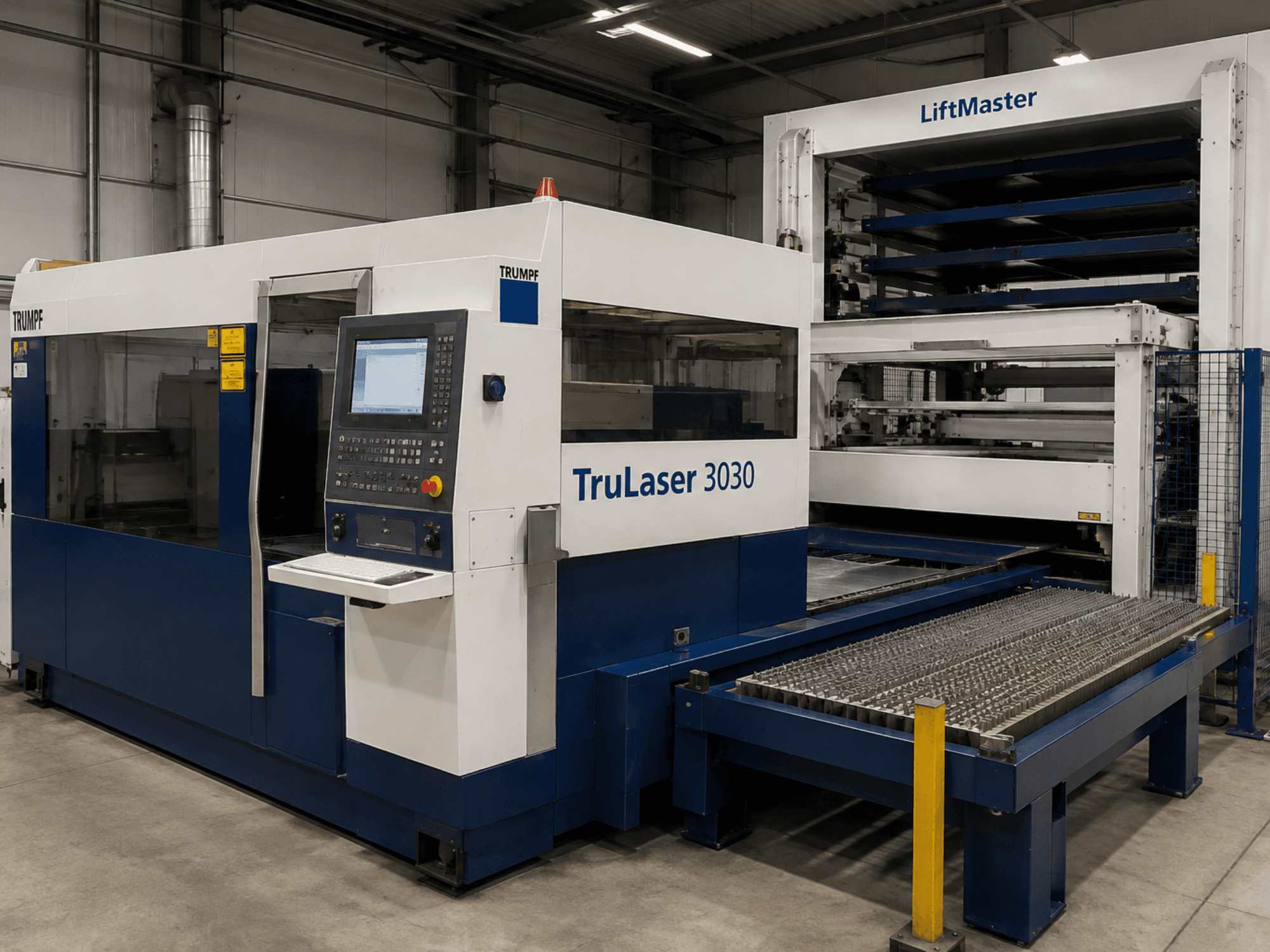 TRUMPF TruLaser 3030 CO₂ lāzergriešanas iekārtas priekšskats ar LiftMaster sistēmu, kurā redzams vadības panelis un metāla lokšņu galds.