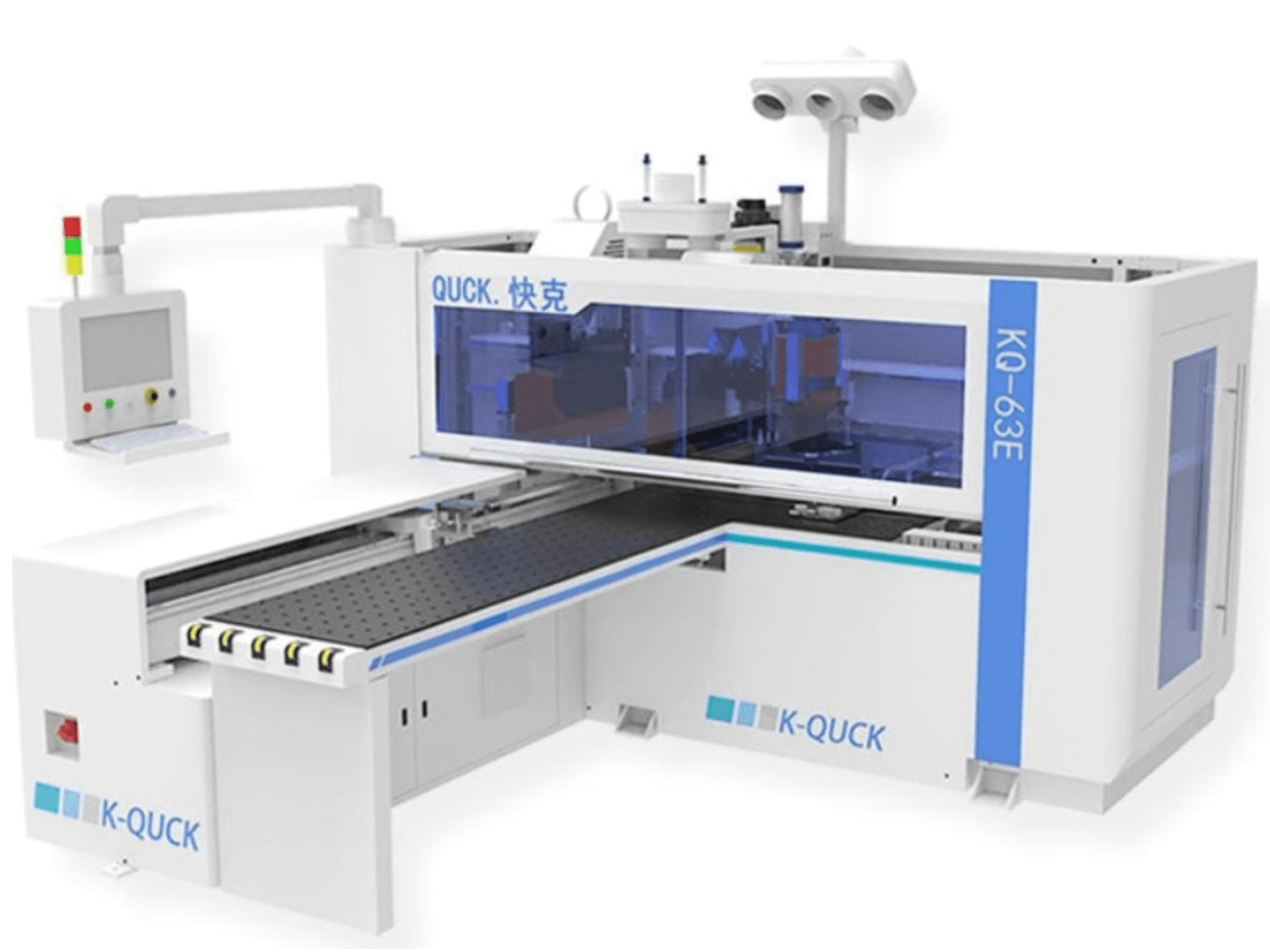 K-QUICK KQ-63E mašīna, skats no priekšpuses, ar vadības paneli, caurspīdīgu korpusu un plakanu konveijeru ar vairākiem veltņiem.