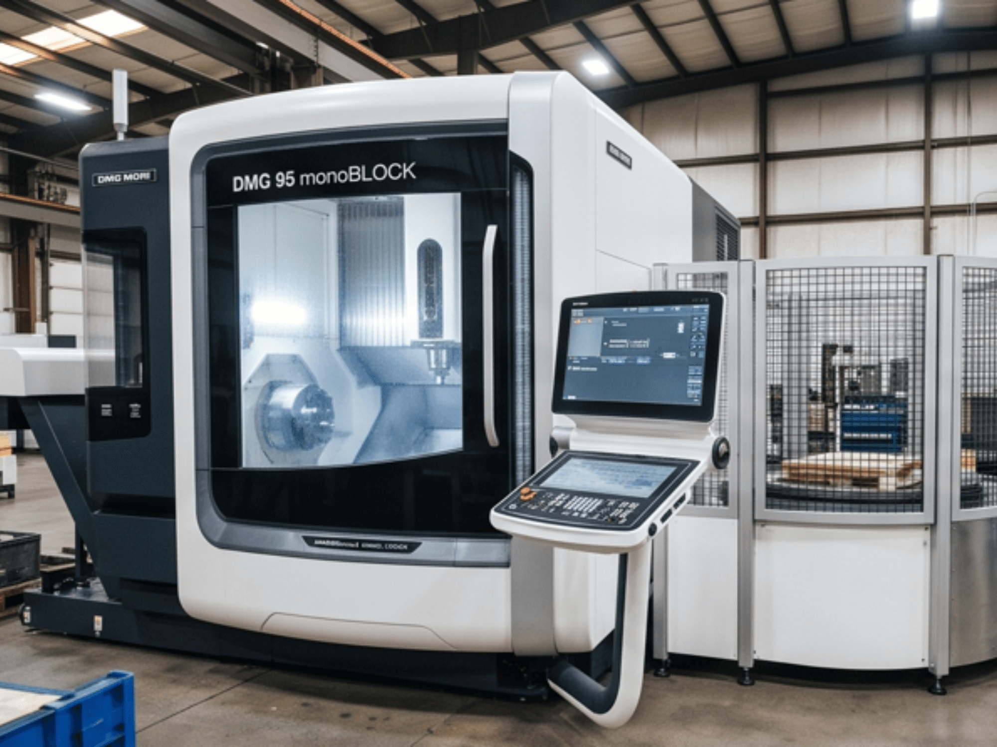 DMG MORI DMC 95 monoBLOCK vertikālais apstrādes centrs, skats no priekšpuses, kurā redzams vadības panelis un drošības apvalks.