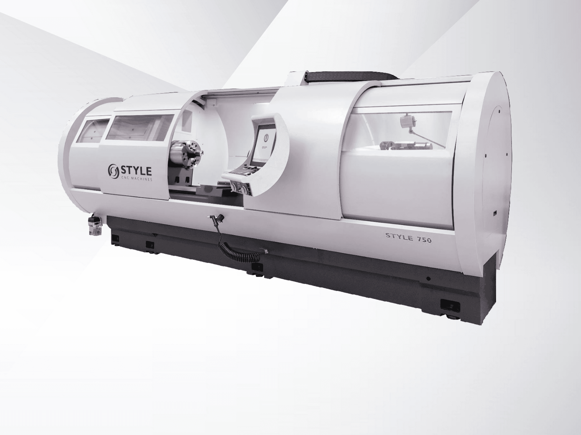 STYLE 750 CNC virpmašīna, skats no priekšpuses, ar lielu logu, vadības paneli un precīzu mehāniku progresīvai apstrādei.