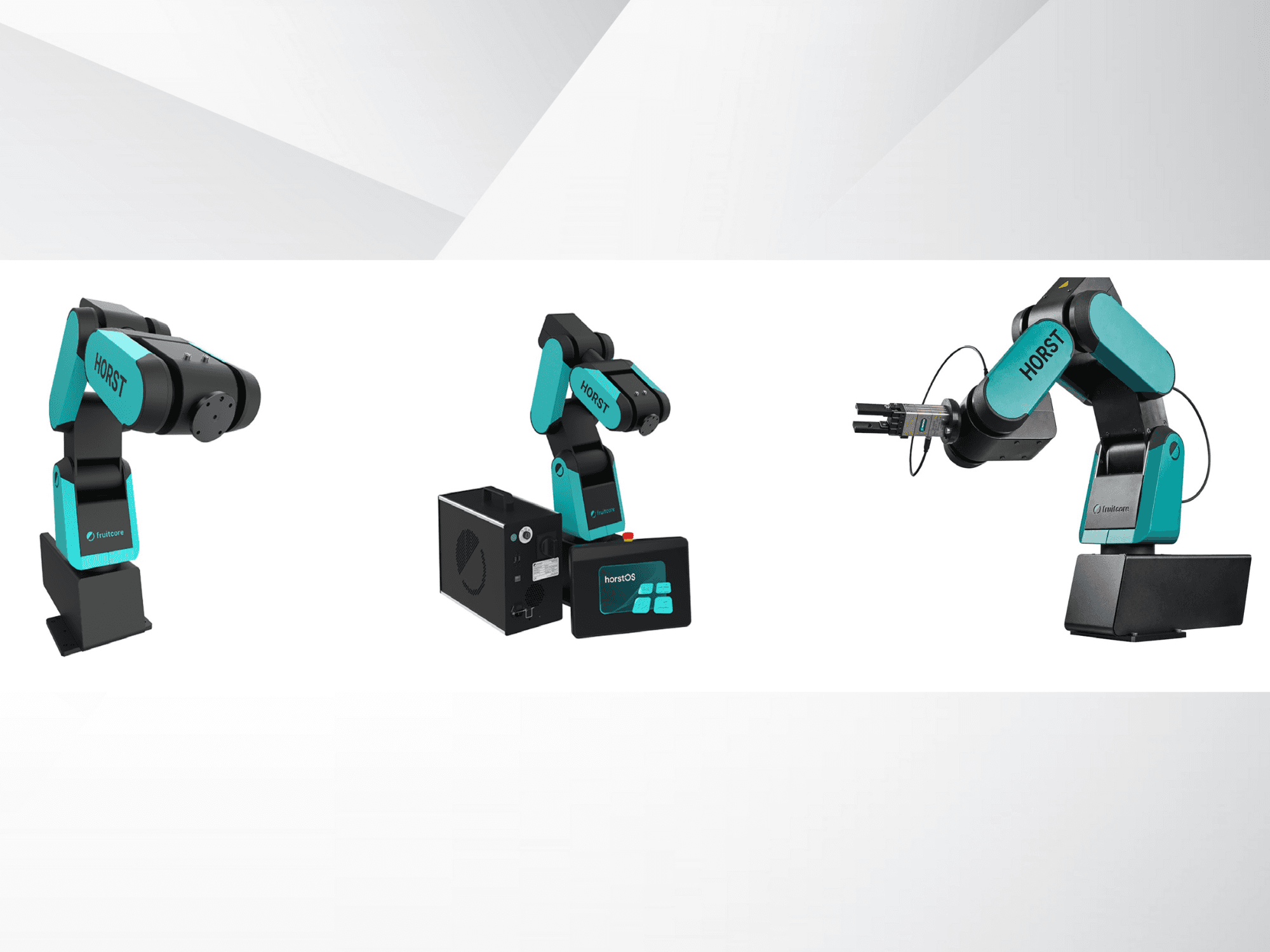 Trīs skati uz Fruitcore Horst robotizēto roku, izceļot tās melnbalto dizainu, vadības paneli un satvērējierīces.