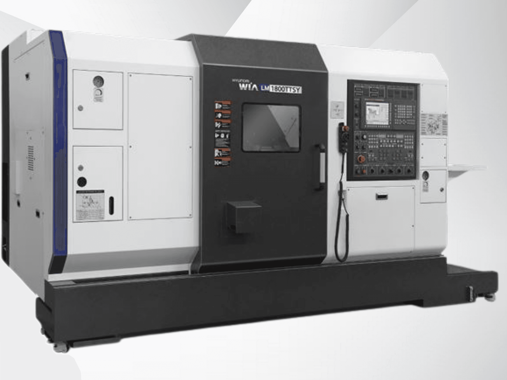 Hyundai LM1800TTSY CNC virpas, skats no priekšpuses, ar vadības paneli, melnbaltu ārējo apdari un darbības pogām.
