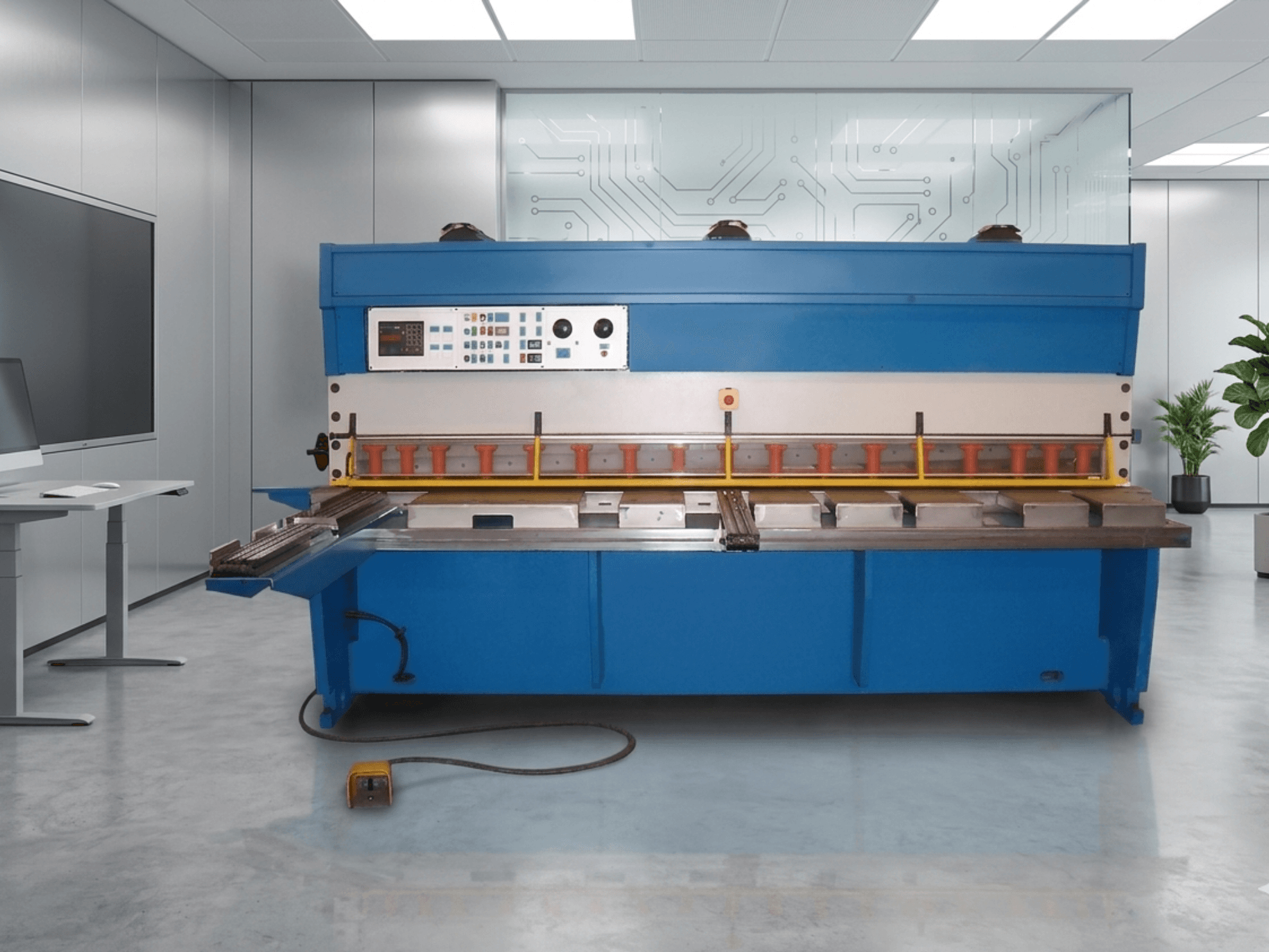 GASPARINI CO 3006 hidrauliskās šķēres, skats no priekšpuses, ar vadības paneli un metāla griešanas zonu, modernā darba vietā.