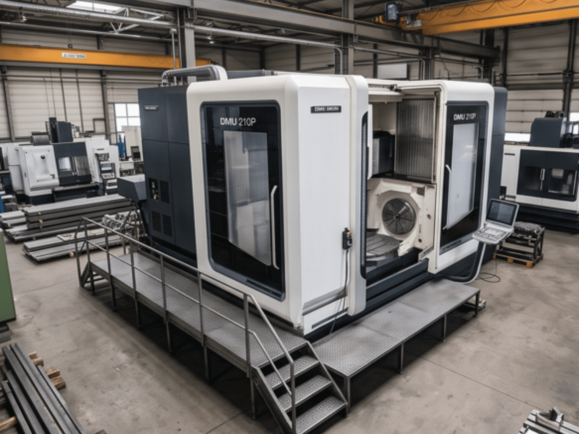 DMG MORI DMU 210P universālais apstrādes centrs darbnīcā, sānskats, kurā redzams vadības panelis un piekļuves platforma.